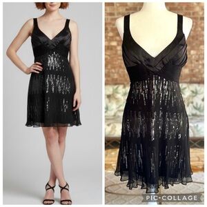 Mac Duggal Dress Black Sequin Silk Fit & Flare 8 Cocktail Party LBD Chic Glam